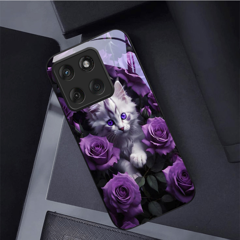 Phone Cases Motorola - Kitten Purple Roses Black Glass Phone