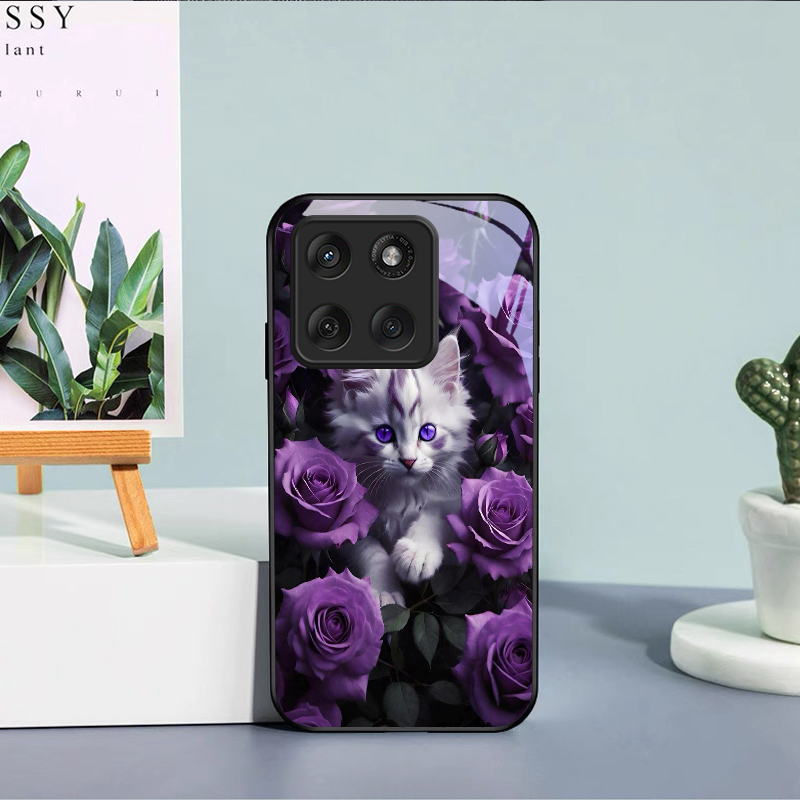 Kitten Purple Roses Black Glas - Phone Cases Motorola 评论和价格